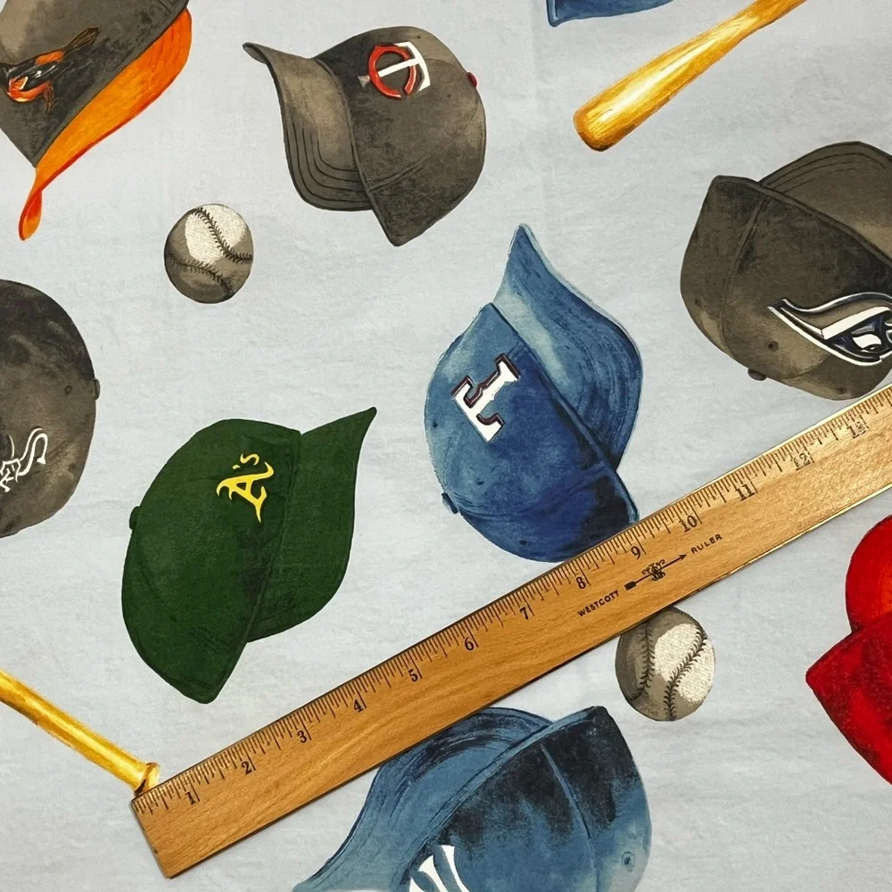 PB Kids Baseball Caps Twin Flat Sheet Organic Cotton MLB Teams Balls, Bats